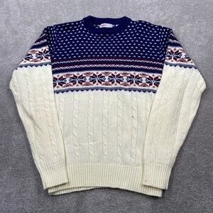 Astor One Sweater Mens XL Blue White Fair Isle Snowflake Cable Knit Vintage